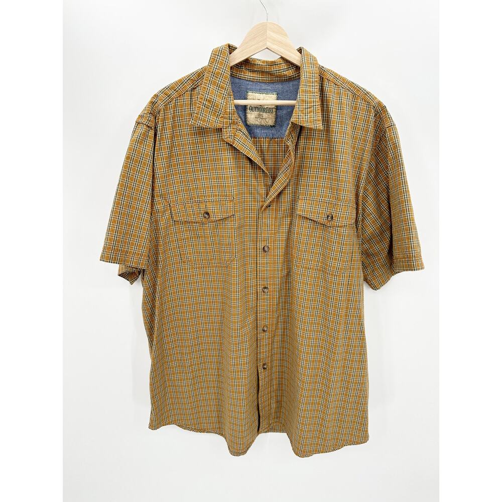 Outdoor Life Mens XXL Orange Green Plaid‎ Short Sleeve Button Up Cotton Shirt